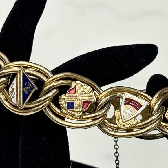 Vintage Gold Tone Heraldic Enamel Shield Link Bracelet 7" - Picture 5 of 14